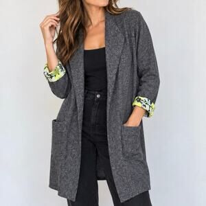 Volt Designs Gray Longline Cardigan Artsy Abstract Cuffs Wool Blend